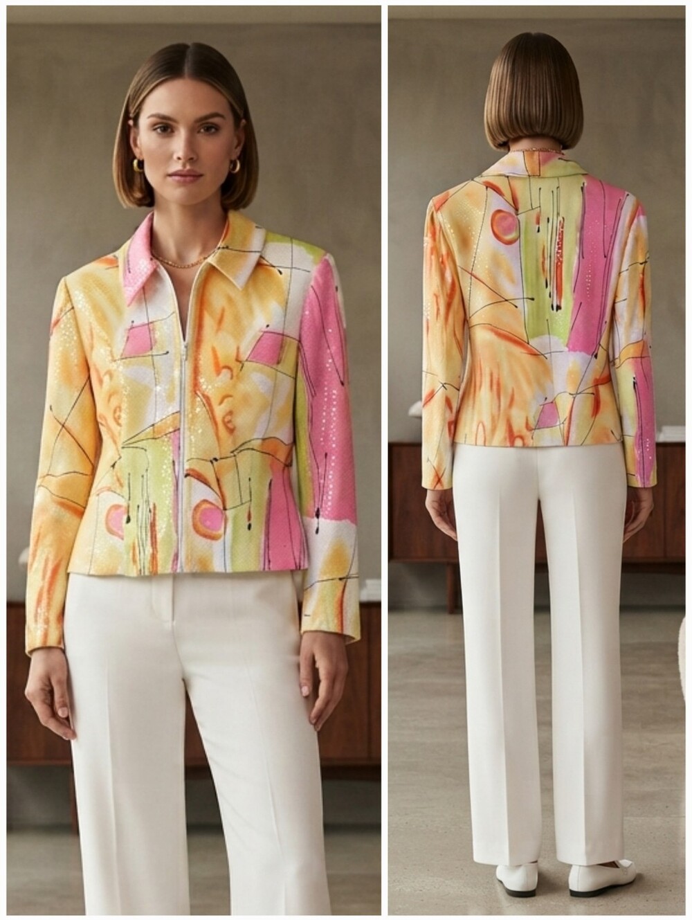 Joseph Ribkoff 8 Vibrant Sequin Silky Knit Jacket Modern Contemporary Abstract